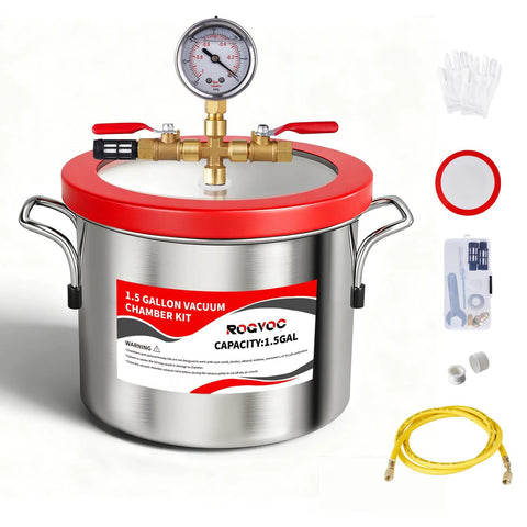 ROGVOC 1.5 Gallon vacuum chamber in 201 stainless steel with red acrylic lid, gauge, and 4.9 ft hose for resin degassing