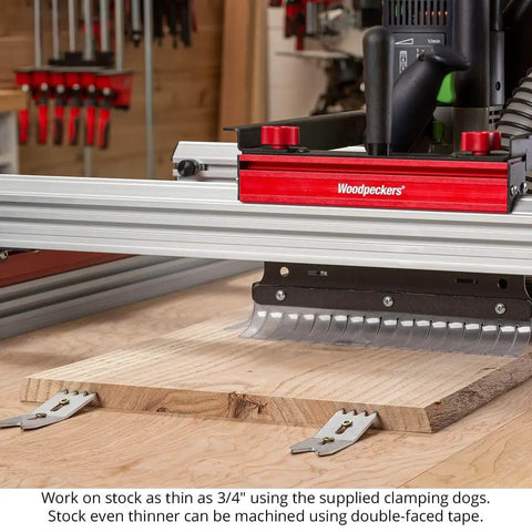 Slab Flattening Mill Pro Basic For Wood Slabs Up To 48.5 By 58 Inches leveling jig with clamping dogs in workshop setting.