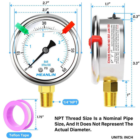 Diagram of Stainless Steel Liquid Filled Pressure Gauge 0 to 60 Psi Range, 2.5 Inch Dial, Lower Mount, One Quarter Inch NPT, Glycerin Filled