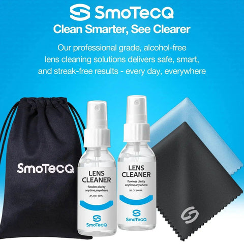 Alcohol Free Glasses Cleaner Kit With Plant Based Microfiber Cloths And Pouch, featuring 2 bottles and 2 cloths, on blue background.