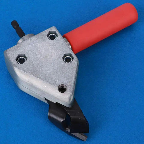 Metal Sheet Cutter Head For Electric Drill Universal Cutter Head, red handle, metal head, 7mm hex shank, on blue background