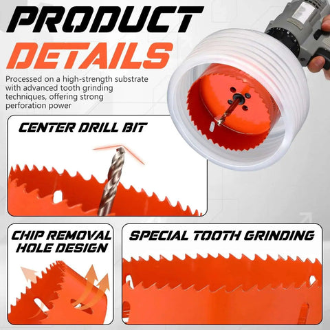Hole Saw Set For Recessed And Can Lights With 4 Inch And 6 Inch Cutters And 2 Dust Bowl Dust Collection Kits For Wood Ceiling Plastic Metal Drywall Orange By Otoolling, highlighting tooth design and drill bit.