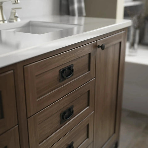Matte Black Five Pack Cabinet Handles With Three Inch Center To Center Spacing Vintage Drawer Pulls For Kitchens Cabinets Doors And Dressers Durable Metal Hardware For Quick Home Refresh installed on a wooden cabinet under a white countertop sink.