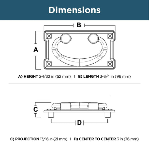 Dimensions diagram for Matte Black Five Pack Cabinet Handles With Three Inch Center To Center Spacing Vintage Drawer Pulls.