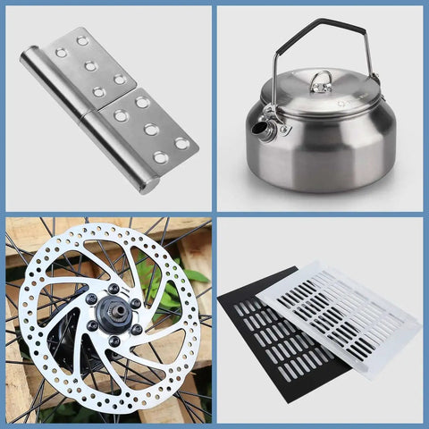 Collage with metal hinge, kettle, bicycle rotor, and vent covers, possibly related to One Quarter Inch Thick 6061 Aluminum Sheet 6X12 Inch.