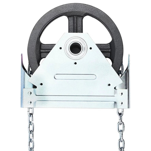 Front view of Garage Door Jackshaft Chain Hoist 1 To 1 Reduced Drive, 331 Lbs Capacity, with durable iron construction and chains.