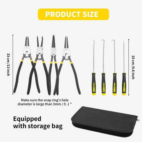 8 Pc Extra Long Snap Ring Pliers And Hook Tool Set, 13 Inch Heavy Duty Internal And External C Clip Pliers With Straight And Bent Jaws, Retaining Ring Remover Kit For Auto, Machinery, And DIY Projects with storage bag