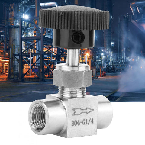 Stainless steel needle valve, 1/4" NPT female x 1/4" NPT female, straight with knurled black adjustment knob