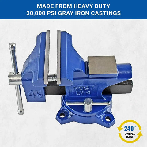 Home Workshop Vise With Four And A Half Inch Jaw Width And Three Inch Opening Swivel Base For Secure Grip Heavy Duty