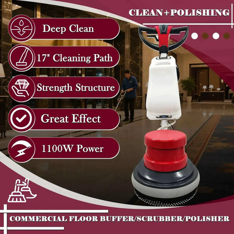 Heavy Duty 17 Inch Floor Scrubber Polisher With 1100W Motor shown in a commercial setting, highlighting deep cleaning features.