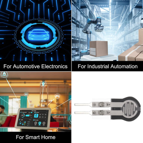 Automotive electronics concept with blue circular car HUD interface
Industrial automation scene with robotic arm in a warehouse
Smart home control tablet displaying dashboards and icons
FSR thin-film pressure sensor pad component with dual metal leads