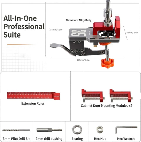 All-in-one professional suite showing 35mm Concealed Hinge Jig System for Cabinets with extension ruler and door mounting modules.
