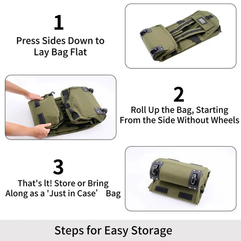 Steps to fold the 80L Rolling Duffel Bag With Wheels For Travel Large Wheeled Luggage Foldable Green 80x30x32cm for compact storage.
