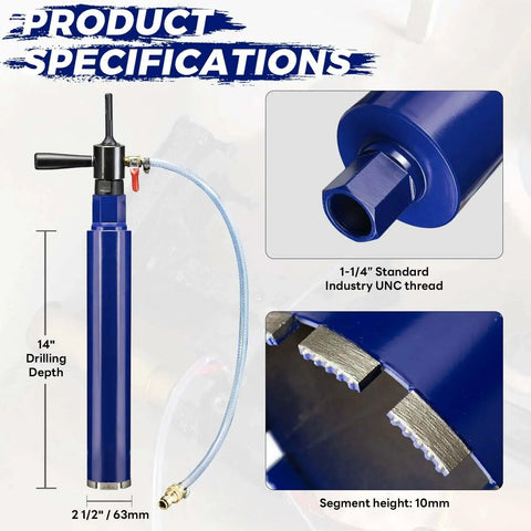 Heavy Duty 2-1/2 Inch Wet Core Drill Bit Kit With SDS Plus Water Injection Adapter And 14 Inch Depth Includes Water Hose Kit And Quick Connect DaduoRi Pro Welded Core Bits For Concrete With Rebar Brick Masonry And Mortar
