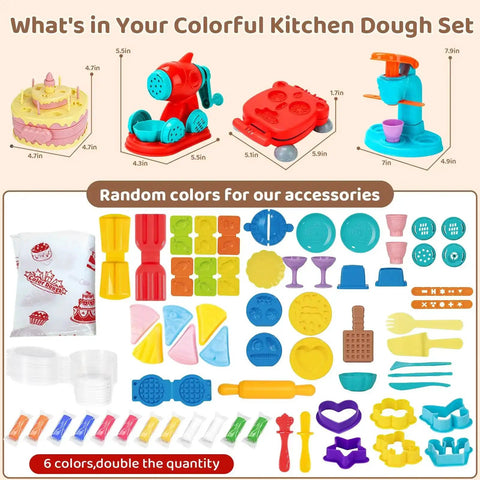 70 Piece Kids Dough Set 4 In 1 With Ice Cream Maker Noodle Maker Hamburger And Cake Mold Tools, components laid out on table