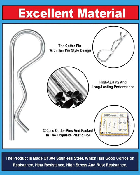 300 Piece Cotter Pins Assortment Kit In 7 Sizes With 304 Stainless Steel R Clips For Trailer Hitch Lawn Mower Automotive And More A Real Workhorse Pin Replacement Kit For Any Quick Fix On Your Gear And Projects, showing close-up of R clips inside plastic box