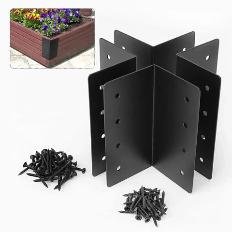 Four Pack Raised Garden Bed Corner Brackets 3 By 3 By 6 Inch Metal L Shaped Corners with screws, shown with wood frame example.