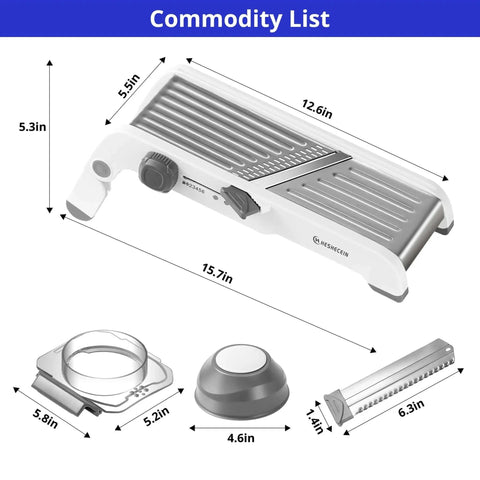 Diagram with dimensions of the 24 In 1 Mandoline Slicer With Waffle Fry Cutter Blade For Fast Veggie Prep, Adjustable Thickness, featuring multiple blades