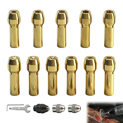 Brass Collet Set For Your Rotary Tool, 16 Pcs Drill Chuck And Collet Nut Kit, Easy Keyless Quick Change Accessory shown with tools