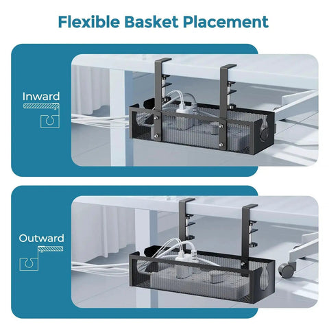 No Drill Metal Under Desk Cable Tray With Rotating Clamp, Power Strip Organizer And Cable Management Tray, black, shown in inward and outward placement under desk
