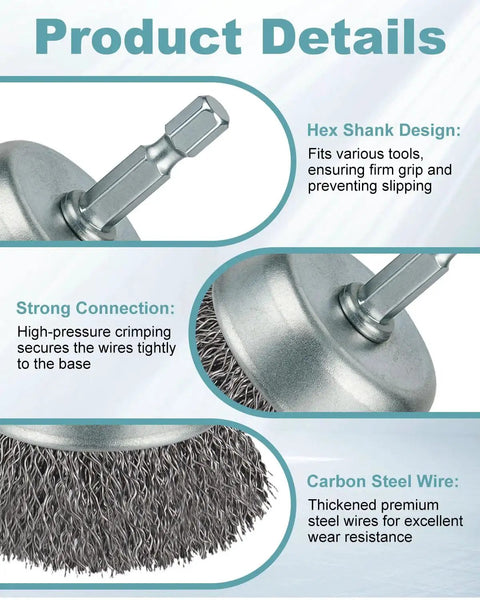 Close-up of 10 Pc Drill Wire Brush Kit for Rust Removal Coarse Carbon Steel Hex Shank showing hex shank design and bristles.