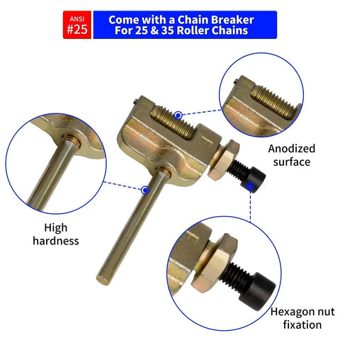 Close-up of chain breaker tool for 35 Roller Chain 10 Feet 320 Links With Chain Breaker And 5 Connecting Links, showing anodized surface.