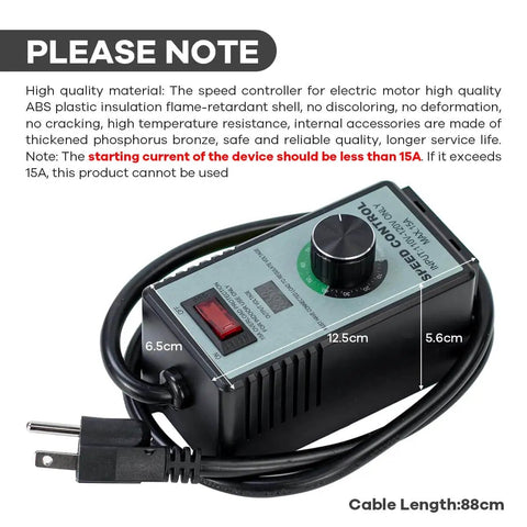 AC Motor Variable Speed Controller 120V 15A Max with LED Voltage Display, power knob and measurements, front view.