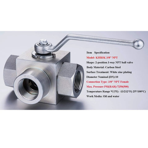 Taixin 3-way high-pressure ball valve, 2-position, 3/8 in NPT female, carbon steel body with white zinc plating.