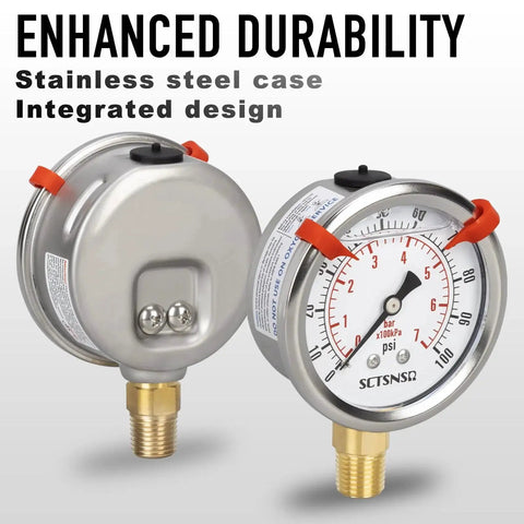0 To 100 Psi Glycerin Liquid Filled Pressure Gauge With Two And A Half Inch Dial Lower Mount One Quarter Inch NPT Stainless Steel Case