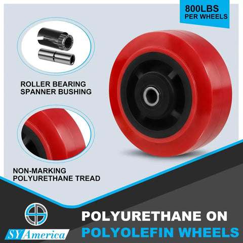 Five Inch By Two Inch Polyurethane Caster Wheels Set Of Four Heavy Duty Polyolefin Core Industrial Caster Wheels With 3200 Lbs Load Capacity For Warehousing And Material Handling Ideal For Carts Dollies And Heavy Equipment On Concrete