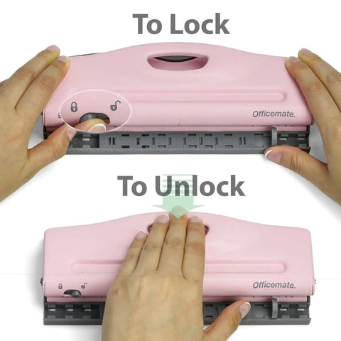 Adjustable 6 Hole Punch For Planners And Binders With 8 Sheet Capacity In Pink A5 Ready, shown in lock and unlock positions.