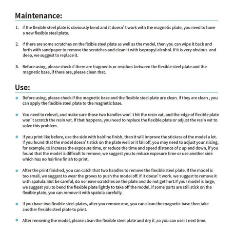 Instructions on maintenance and use of 3D printer's flexible steel plate bed, detailing cleaning and handling procedures in bullet points.