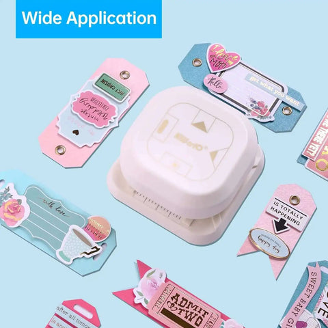 4 In 1 Paper Corner Trimmer with oval fish eye dovetail and diagonal puncher, shown with decorated tags for scrapbooking and DIY crafts.