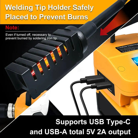 Cordless Soldering Iron Station For 20V Max Batteries With USB Type C Fast Heating Portable Soldering Tool For Electronics Repair And DIY Projects No Battery Included Compatible With DCB203 DCB204 DCB205 DCB206 showing welding tip holder and USB ports.