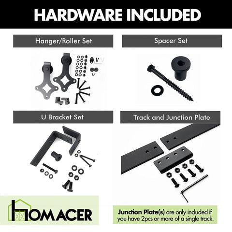 Rustic Black Double Track U Shape Bypass Sliding Barn Door Hardware Kit components including rollers, spacers, and brackets