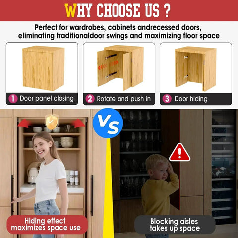 Comparison of cabinet door installation showing 16 Inch Pocket Door Slides With Hinges For Cabinets, Space Saving Sliding System.