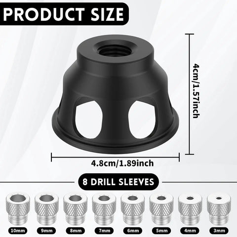 90 Degree Drill Guide And Doweling Jig For Precision Woodworking with aluminum alloy body, 8 drill sleeves, 3 to 10 mm sizes.