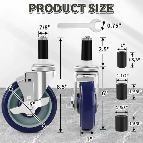 Product size diagram of 5 Inch Prep Table Wheels Set Of 4 With Expanding Stem Casters Swivel Fits Seven Eighths Inch Tube Legs with measurements.