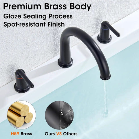 Matte Black Three Hole Widespread Deck Mount Tub Faucet Set With Premium Brass Valve Ceramic Disc Cartridge Backflow Check Valve High Flow Two Handle Roman Arch Bath Filler for Bathtub Modern Design Easy Install shown installed on bathtub with water flowing