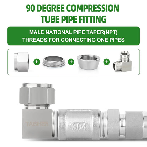 TAISHER 2-pack 304 stainless steel square 90-degree compression tube fitting, 1/2 in tube OD to 1/2 in NPT male adapter