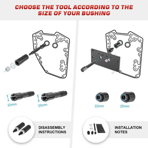 Inner Cam Bearing Installer And Puller For Harley Twin Cam Engines 1999-2017 with size options and installation diagram