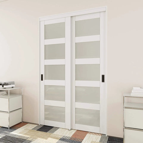 Frosted 5 Panel Tempered Glass Closet Sliding Door, 48 By 80 Inches, Double Barn Style With Hardware Kit, in white MDF frame installed