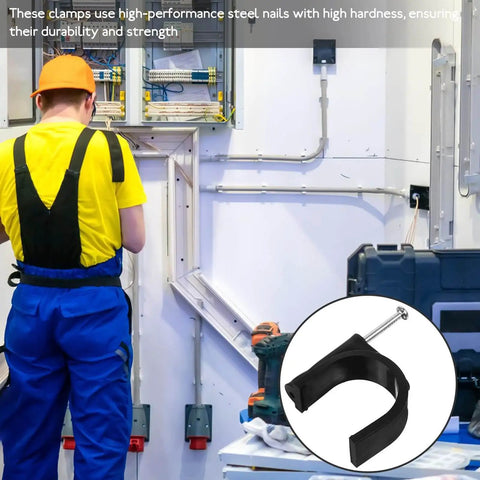 Person installing Black Plastic Half Round Tube Clamps 25mm Pipe Support Fixtures Cable Hose Fasteners in industrial setting