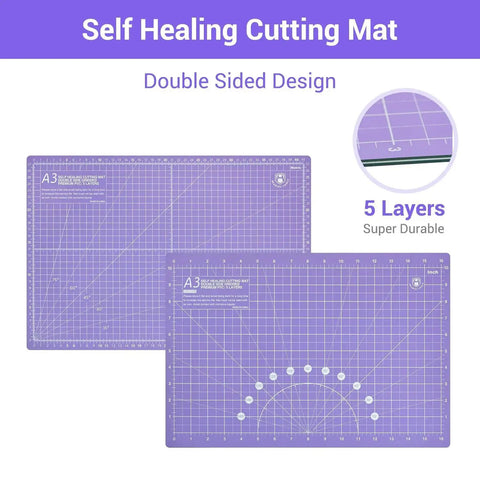 All In One 45mm Rotary Cutter Set With 5 Extra Blades, A3 Self Healing Cutting Mat in purple, showing grid and angled lines.