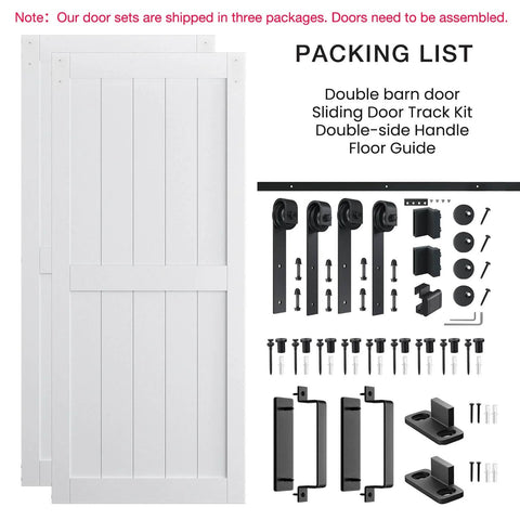 72 by 96 Inch Double Barn Door With 12Ft Sliding Hardware Kit Included, Waterproof PVC Surface, White H Frame components