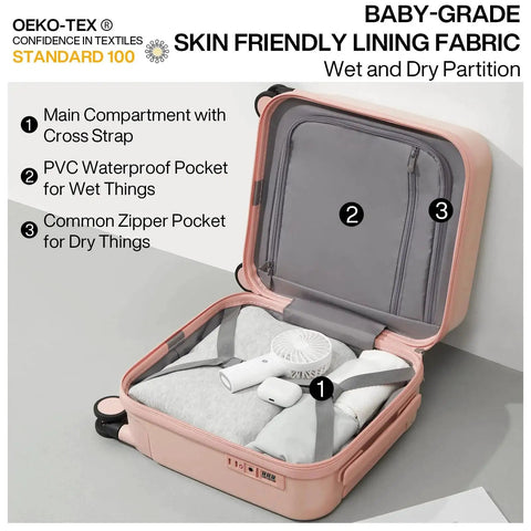 Open Underseat Carry On Luggage 14 Inch Spinner Wheels Lightweight Hardshell Suitcase For Short Trips Pink By Mixi showing compartments