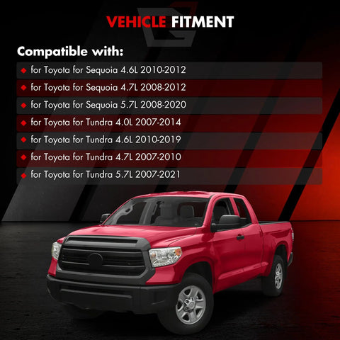 Toyota truck compatibility chart for models including Sequoia and Tundra, years 2007-2021, against a black and red background.