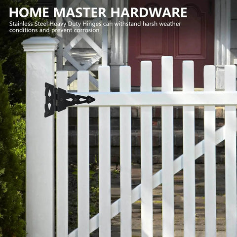 8 Inch Heavy Duty Decorative T Hinge For Sheds Gates And Barn Doors With Included Screws Black Finish 4 Pack shown on white gate.