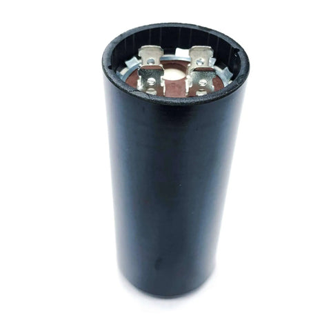 Single motor run capacitor replacement for HVAC and industrial AC motors, 440 VAC rated, metalized film dielectric, quick-connect terminals shown