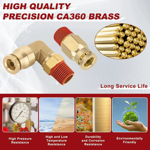 Brass Push To Connect Air Fittings Kit One Quarter Inch Straight And Ninety Degree Elbow Combo with CA360 Brass and PSI gauge.